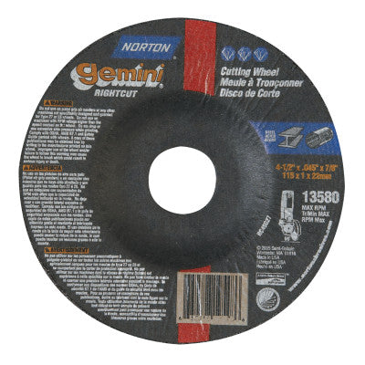 Gemini RightCut Depressed Center Cut-Off Wheel, 4 1/2" Dia, .045" Thick, 7/8 in