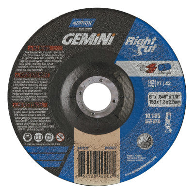 Gemini Depressed Center Wheel, 6" Dia, 1/16" Thick, 7/8" Arbor, 24 Grit