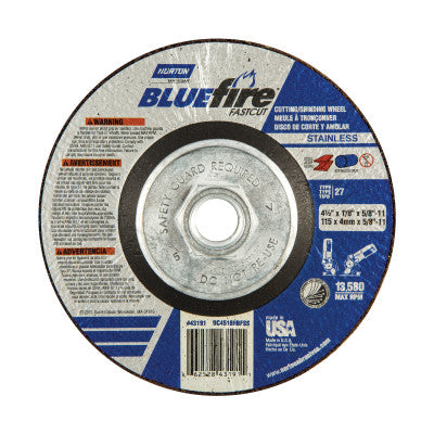 Blue Fire Grinding/Cutting Wheels, Zirconia Alumina, 4.5" Dia, 5/8"Arbor, 24Grit