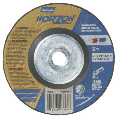 Type 27 NorZon+ Depressed Center Wheel, 4 .5" Dia, 1/4" Thick, 5/8" Arbor, 10/PK