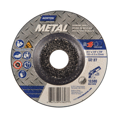Grinding Wheels, Metal, Aluminum Oxide, 4 1/2 in Dia, 7/8 in Arbor, 24 Grit