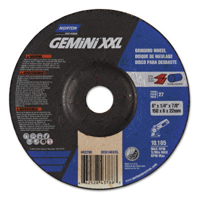 GEMiNi XXL Depressed Ctr Wheels, 6" Dia, 1/4" Thick, 7/8" Arbor, Alum Oxide