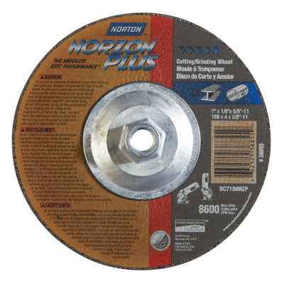 Type 27 NorZon+ Depressed Center Wheel, 7" Dia, 1/8" Thick, 5/8"-11 Arbor, 10/PK