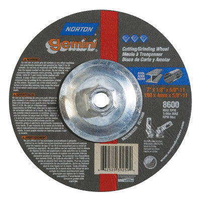 Gemini Depressed Center Wheel, 7" Dia, 1/8" Thick, 5/8" Arbor, 24 Grit