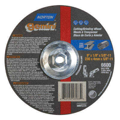 Gemini Depressed Center Wheel, 9" Dia, 1/8" Thick, 5/8" Arbor, 24 Grit