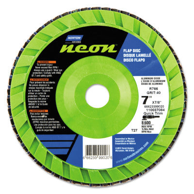 Type 27 Flat Flap Discs, 7 in Dia, 40 Grit, 7/8 in Arbor, 8,600 rpm