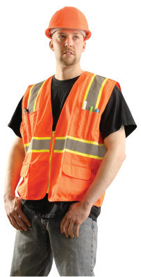 Class 2 Surveyor Style Solid Vests with 2-Tone Striping, Large, Hi-Viz Orange