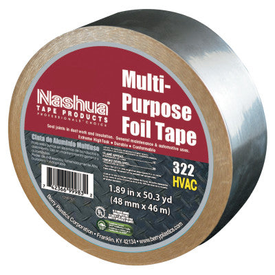 322 Multi-Purpose Plain Foil Tape, 2 in x 50 yd, 5 mil, Aluminum Silver