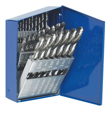 High Speed Steel Drill Bit Sets, 1/16 in - 1/2 in Cut Dia., Metal Case, 29/Set