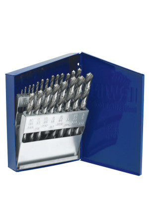High Speed Steel Drill Bit Sets, 1/16 in - 3/8 in Cut Dia., Metal Case, 21/Set