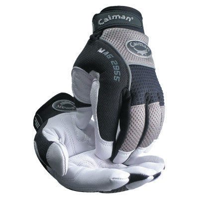 White Goat Grain Leather Palm Gloves, Small, White/Black/Gray