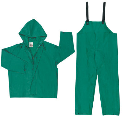 Two-Piece Rain Suit, Jacket w/Hood, Bib Pants, 0.42 mm PVC/Poly, Green, 3X-Large