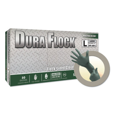 Dura Flock DFK-608 Disposable Nitrile Gloves, Beaded, Flock Lined, Large
