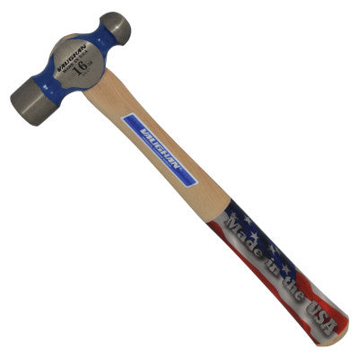 Ball Pein Hammer, Straight Hickory Handle, 13 3/4 in, Forged Steel 16 oz Head
