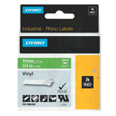 RHINO Vinyl Label Tapes, 18 ft x 3/4 in, White on Green