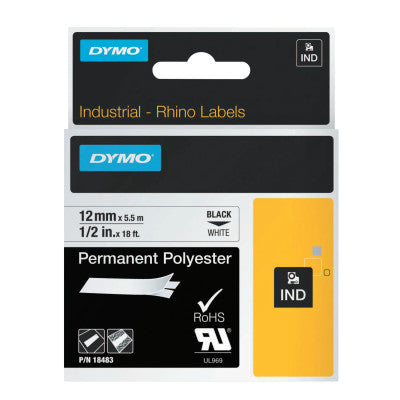 RHINO Industrial Label Cartridges, 18 ft x 1/2 in, Black/White