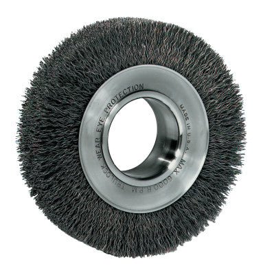 Wide-Face Crimped Wire Wheel, 6"Dia. x 1 1/4"W, 0.014 Stainless Steel, 6,000 rpm