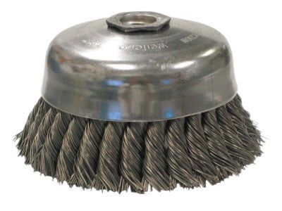 Single Row Heavy-Duty Knot Wire Cup Brush, 5 in Dia., 5/8-11 UNC, .014 Steel