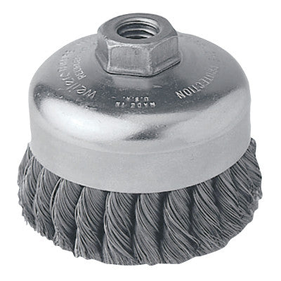 Single Row Heavy-Duty Knot Cup Brush, 4 in Dia., 5/8-11, .023 Steel, Retail Pack