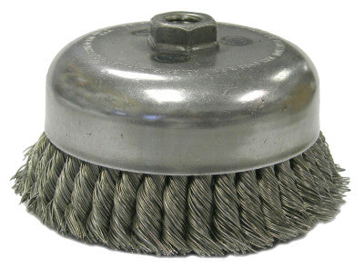 Heavy-Duty Knot Wire Cup Brush, 6 in Dia., 5/8-11 UNC Arbor, 1 3/8 x .035 Wire