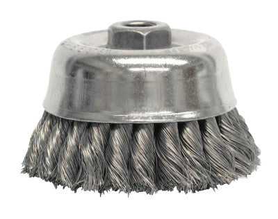 Heavy-Duty Knot Wire Cup Brush, 4 in Dia., 5/8-11 UNC Arbor, .02 Stainless Steel