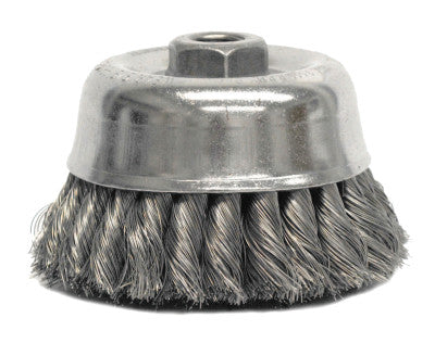 Heavy-Duty Knot Wire Cup Brush, 4 in Dia., 5/8-11 UNC Arbor, .014 in Steel