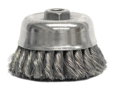 Heavy-Duty Knot Wire Cup Brush, 4 in Dia., 5/8-11 UNC Arbor, .02 in Steel Wire