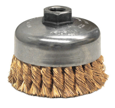 Single Row Heavy-Duty Knot Wire Cup Brush, 4 in Dia., 5/8-11 UNC, .02 in Bronze