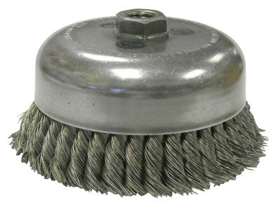 Heavy-Duty Knot Wire Cup Brush, 6 in Dia., 5/8-11 UNC Arbor, 1.5 x .014 Wire