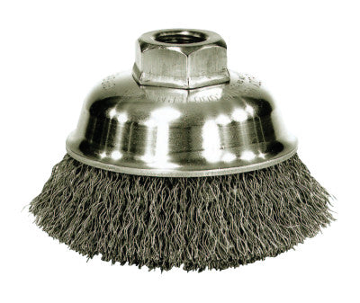 Crimped Wire Cup Brush, 6 in Dia., 5/8-11 UNC Arbor, .02 Steel Wire, Retail Pack