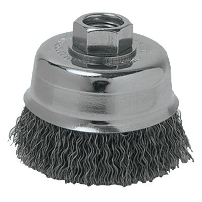 Crimped Wire Cup Brush, 3 in Dia., 3/8-24 UNF Arbor, Steel Wire