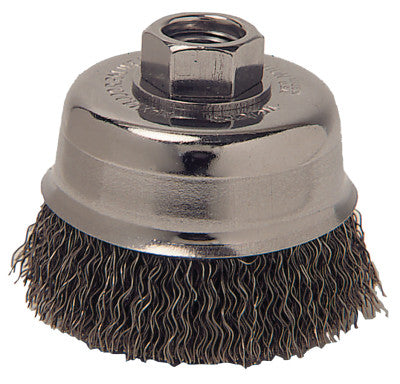 Crimped Wire Cup Brush, 3" Dia., 5/8-11 Arbor, 0.012" Stainless Steel, Retail Pk