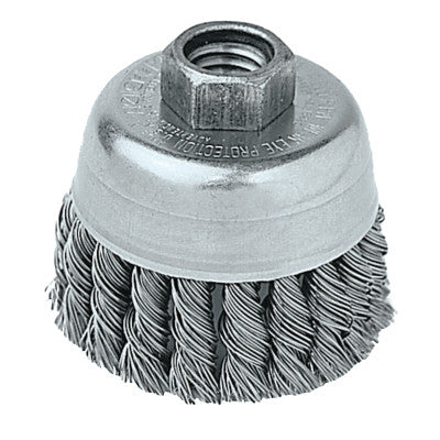 Single Row Heavy-Duty Knot Wire Cup Brush, 2 3/4 Dia., 5/8-11 UNC, .02 Stainless