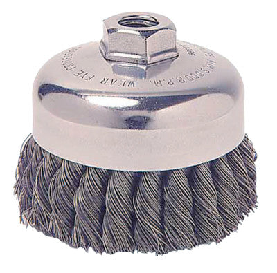 Single Row Heavy-Duty Knot Wire Cup Brush, 2 3/4 in Dia., 1/2-13 UNC, .02 Steel