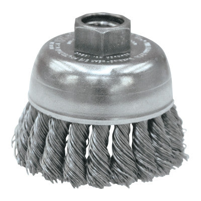 Single Row Heavy-Duty Knot Wire Cup Brush, 2 3/4 in Dia., 5/8-11 UNC, .02 Steel