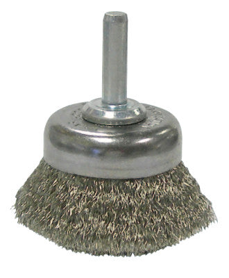 Stem-Mounted Crimped Wire Cup Brush, 1 3/4 in Dia., .006 Stainless Steel