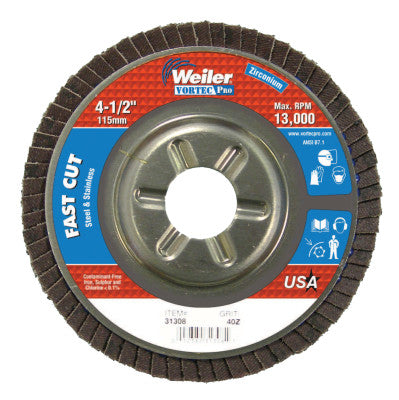 Vortec Pro Abrasive Flap Discs,4.5", 40 Grit, 7/8 Arbor, 13,000 rpm, Alum Back
