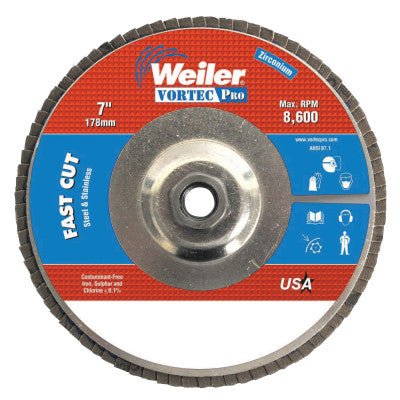 Vortec Pro Abrasive Flap Discs, 7", 40 Grit, 5/8 Arbor, 8,600 rpm, Alum Back