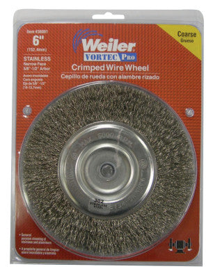 Crimped Wire Wheel, 6" D, .014 Stainless Steel, 6,000 RPM, Retail Pk