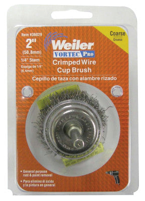 Vortec Pro Stem Mounted Crimped Wire Cup Brush, 3 in Dia., .014 in Carbon Steel