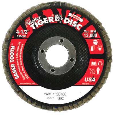 Saber Tooth Ceramic Flap Discs, 4 1/2 in, 36 Grit, 7/8 in Arbor, 13,000 rpm