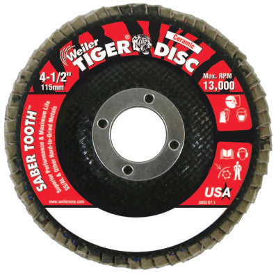 Saber Tooth Ceramic Flap Discs, 4 1/2 in, 80 Grit, 7/8 in Arbor, 13,000 rpm