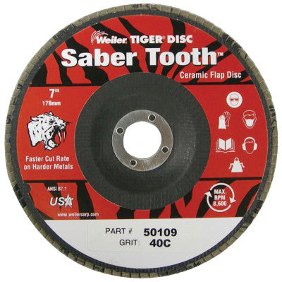 Saber Tooth Ceramic Flap Discs, 7 in, 40 Grit, 7/8 Arbor, 12,000 rpm