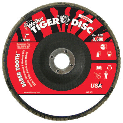 Saber Tooth Ceramic Flap Discs, 7 in, 60 Grit, 7/8 Arbor, 12,000 rpm