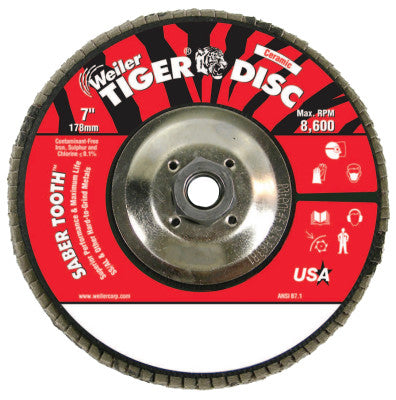 Saber Tooth Ceramic Flap Discs, 7 in Dia, 60 Grit, 5/8-11 in Arbor, 12000 rpm