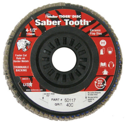Saber Tooth Trimmable Ceramic Flap Discs, 4 1/2", 40 Grit, 7/8 Arbor, 13,000 rpm