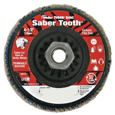 Saber Tooth Trimmable Ceramic Flap Discs, 4 1/2", 80 Grit, 5/8 Arbor, 13,000 rpm