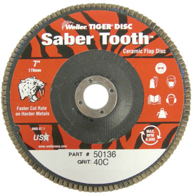 Saber Tooth Abrasive Flap Discs, Ceramic, 7 in Dia. x 7/8 in, 40 Grit