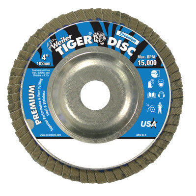 Tiger Disc Angled Style Flap Discs, 4 in, 120 Grit, 5/8 in Arbor, Aluminum Back