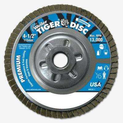 Tiger Disc Angled Style Flap Discs, 4 1/2 in, 24 Grit, 5/8 Arbor, Aluminum Back